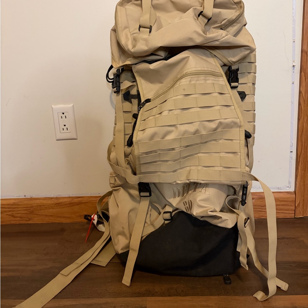 Tan Roll-Top Tactical Hiking Backpack with MOLLE Webbing